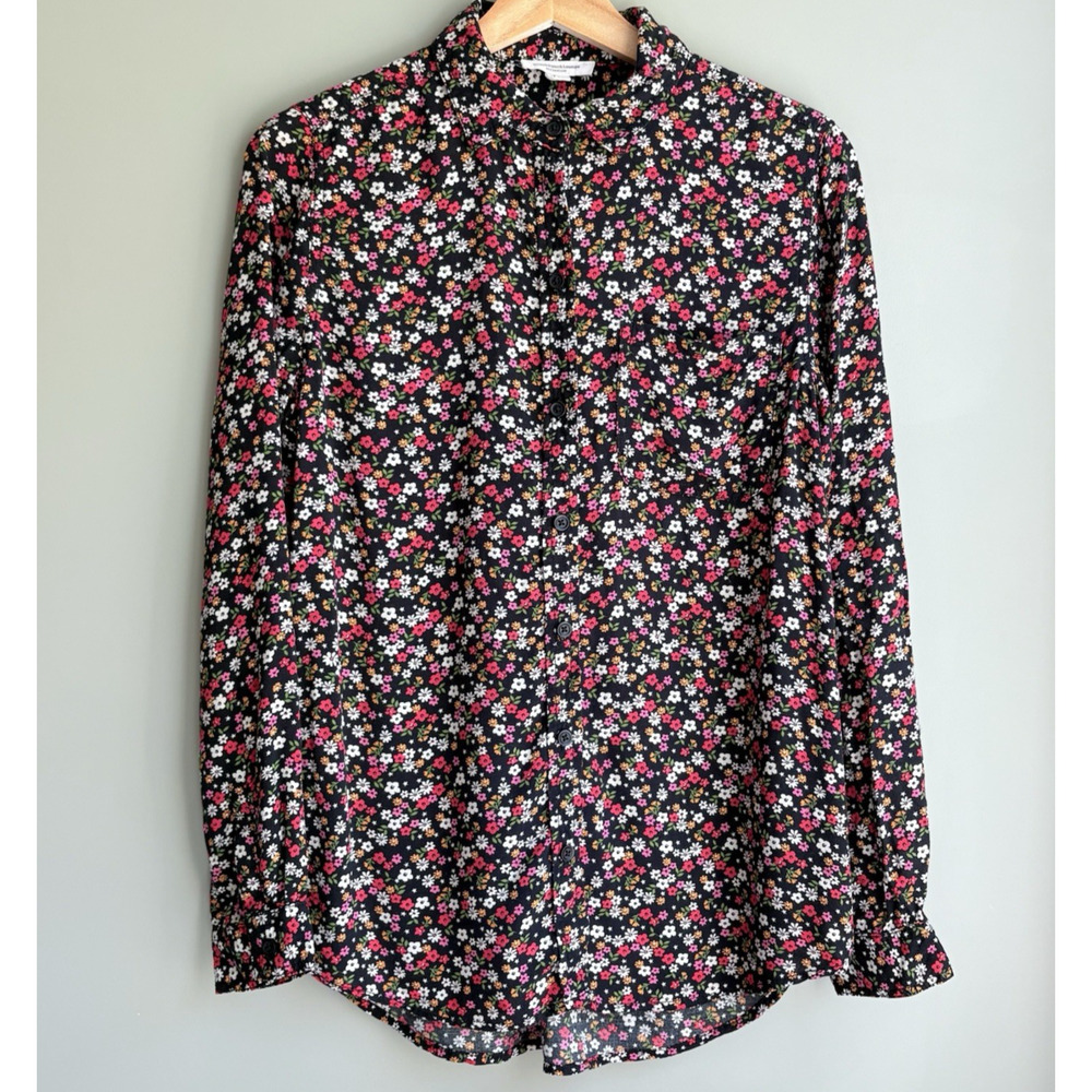 Beach‎ Lunch Lounge Black Floral Button Up Long Sleeve Shirt Small Retro Cottage